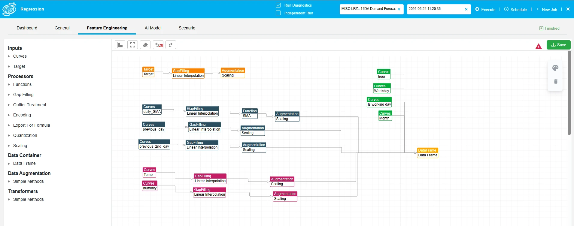 QR ALPS screen showing a feature engineering workflow of connected input and processing nodes