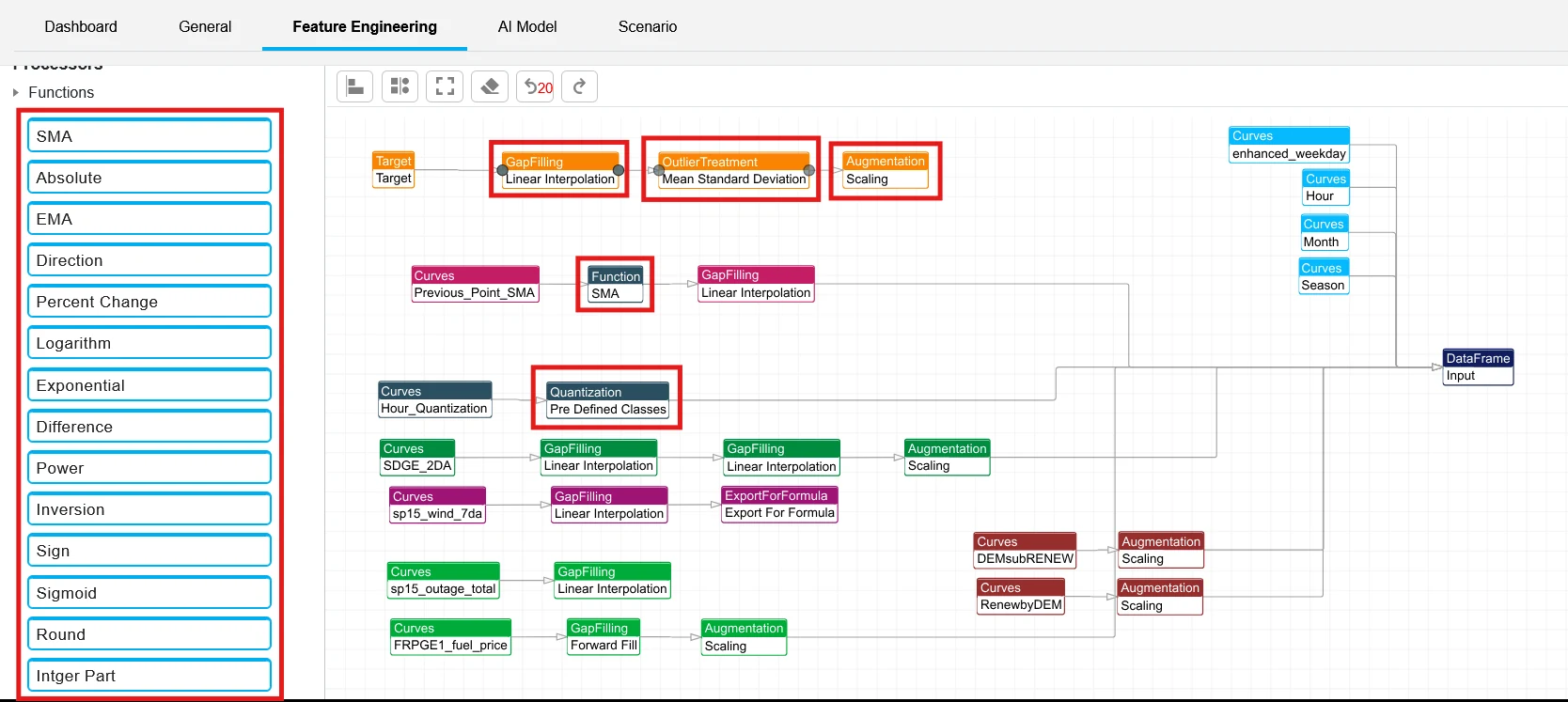QR FEDA feature-engineering dashboard showing data-processing functions.