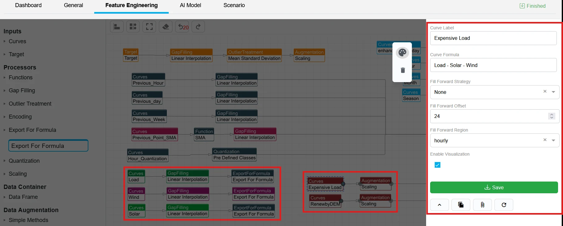QR FEDA feature-engineering dashboard showing derived feature formulas and mathematical operations.