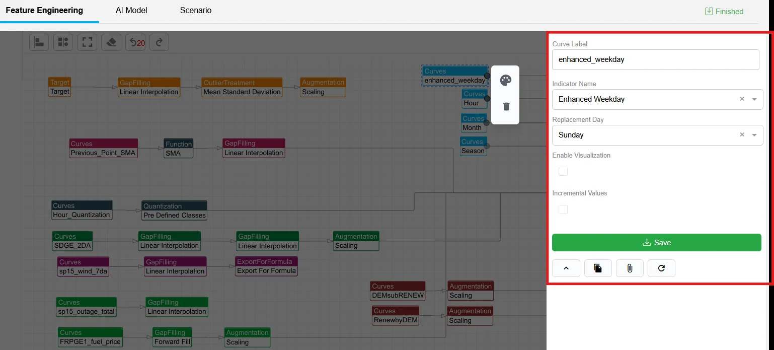 QR FEDA feature-engineering dashboard showing a configured temporal feature and enhanced weekday setting.