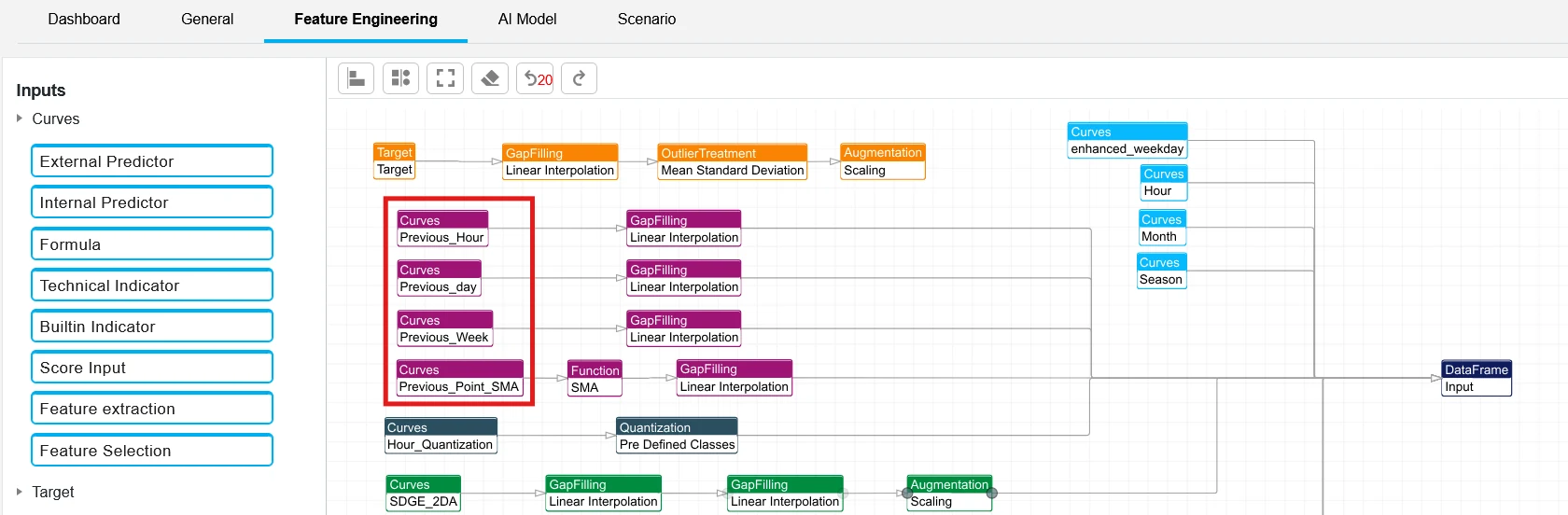 QR FEDA feature-engineering dashboard showing lag and peer-point feature workflows.